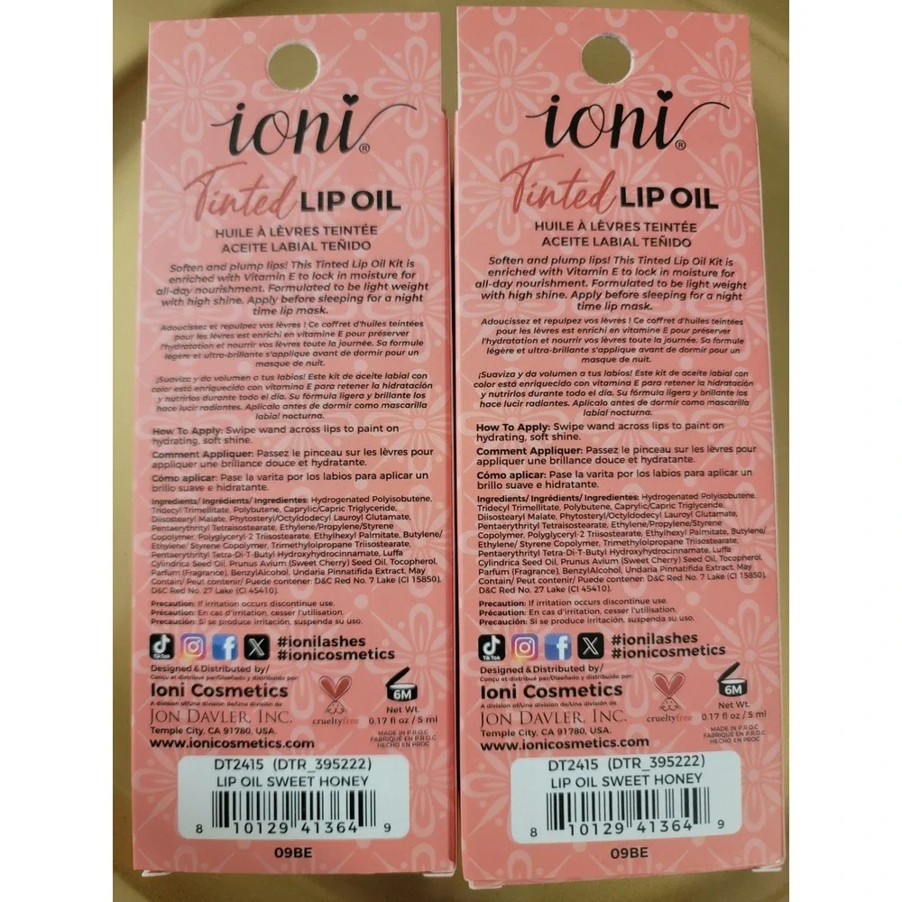 Ioni Tinted Lip Oil Sweet Honey Vitamin E High Shine Hydrating Plumping 2‎ Pack